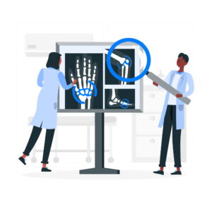 Doctors analyzing bone X-ray for bone marrow aspirate concentrate treatment