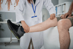 Doctor is checking her patient who is shuffering from Veins problem
