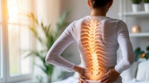 Woman holding her lower back with highlighted spine showing pain requires Minimally invasive spine care