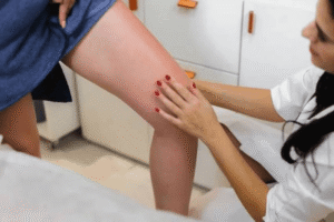 Pain doctor examining a patient's knee for joint pain