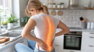Woman experiencing spinal back pain with highlighted lower spine discomfort during daily activities