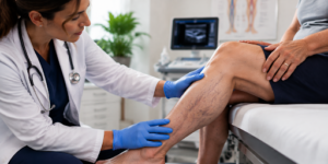 Doctor examining a patient’s leg with visible varicose veins