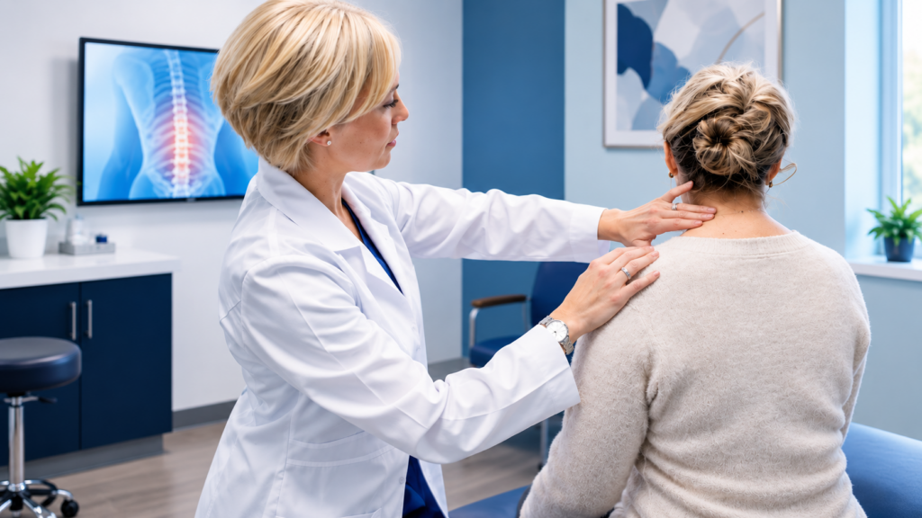 Doctor examining a patient’s neck and shoulder.