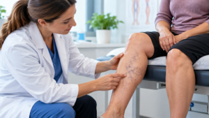 Doctor examining visible varicose veins on a patient’s leg.